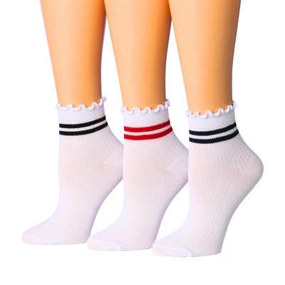 Tipi Toe Womens Vibrant Multicolored Stripes Turn-Cuff Solid Lettuce Edge Lightweight Quarter Length Ruffle Socks