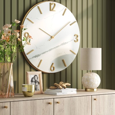 26&#34; Faux Marble Finished in Polished Brass Wall Clock White - Threshold&#8482;