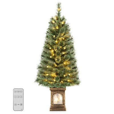Tangkula 4FT Artificial Potted Christmas Tree Xmas Entrance Tree with 116 Branch Tips Pine Needles 100 LED Lights