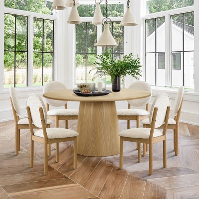 Orchid+Maye Dining Table Set, 52'' Oak Solid Wood Round Table with 6 Dining Chairs King Louis Back and Natural Wood Legs for 6 - Maison Boucle