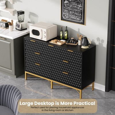 White 7-Drawer Dresser with Honeycomb Panels and Gold Metal Frame