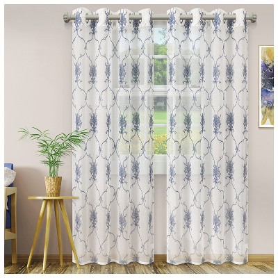 Embroidered Lightweight Sheer Scroll 2-Piece Curtain Panel Set with Stainless Grommet Header - Blue Nile Mills