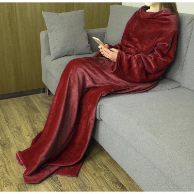 Wine Fleece Wearable Blanket with Sleeves and Pocket