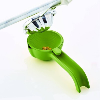 Green and Silver Aluminum Citrus Press with Seed Catcher