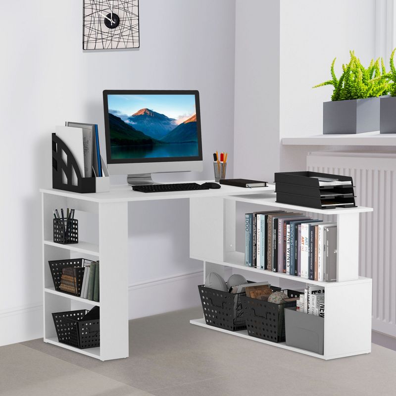 HOMCOM 360° Rotating Home Office Desk L Shaped Corner Computer Desk with Storage Shelves, Writing Table Workstation, 4 of 10