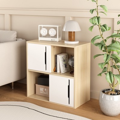 PDTEND Modern Wooden Storage Cabinet with Sliding Doors, 2-Tier Open & Closed Shelves, Natural Finish for Living Room, Bedroom