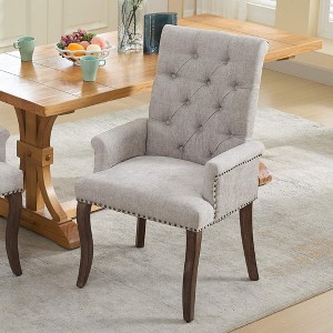 ORRD Upholstered Chenille Dining Chair, Tufted Club Arm Chair with Curved Wood Legs, Comfortable Accent Chair for Dining Room & Kitchen, Beige - 1 of 4