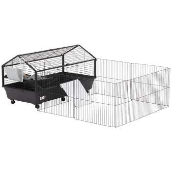 PawHut Small Animal Cage Bunny Playpen with Main House and Run for Rabbit, Guinea Pigs, Chinchilla for Indoor and Outdoor