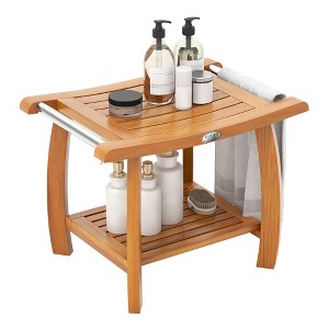 Tangkula Teak Wood Shower Bench 2-Tier Wooden Shower Stool w/ Curved Seat Handles Small - 1 of 4