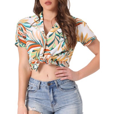 Allegra K Women's Hawaiian Floral Leaves Printed Short Sleeve Button Down Vintage Shirt