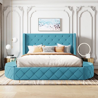 Sapphtopaz Velvet Queen Size Bed Frame with Wingback Headboard Upholstered Platform Bed Frame with Big Drawer & Side Storage Stools for Bedroom