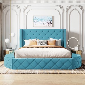 Sapphtopaz Velvet Queen Size Bed Frame with Wingback Headboard Upholstered Platform Bed Frame with Big Drawer & Side Storage Stools for Bedroom - 1 of 4