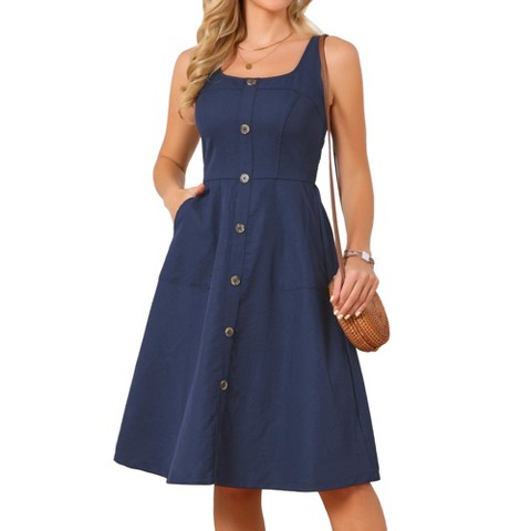 Женские платья INSPIRE CHIC Women's Summer Casual Square Neck Flattering A-Line Button Down Midi Tank Sundress Medium Dark Blue