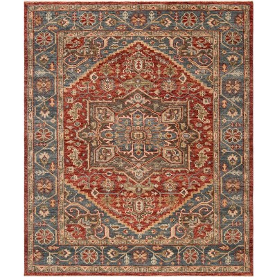 Red and Blue Hand-Knotted Wool 8' x 10' Area Rug