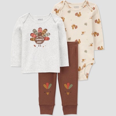 Image of Carter's Just One You® Baby 3pc Turkey Top & Bottom Set - Gray/Brown Newborn