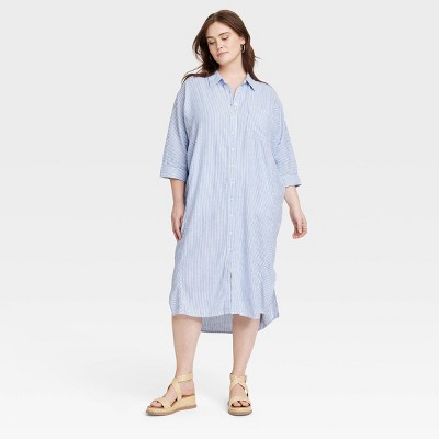 Women's 3/4 Sleeve Midi Shirtdress - Universal Thread™ Blue Striped 1x ...