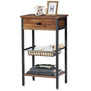 VECELO 27" Tall End Table Set of 2 Industrial Style Nightstands with Drawer/Shelf for Living Room, Bedroom, Kitchen, Bathroom, Brown - 1 of 4