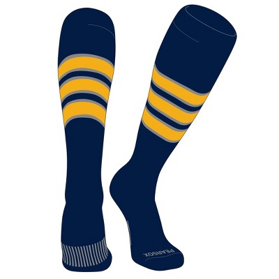PEAR SOX Striped OTC Baseball, Softball, Football Socks (C) Navy, Silver, Gold