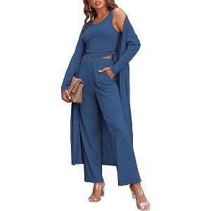 Ekouaer Women's 3 Piece Lounge Set Pajama Long Sleeve Cardigan Sleeveless Top Pants Sweatsuit - 1 of 4