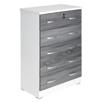 Image of Better Home Products Cindy 5 Drawer Chest Wooden Dresser with Lock in White/Gray