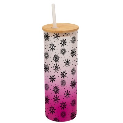 Elanze Designs Falling Snow Winter Scene Wrap-Around Design 25 Ounce Frosted Gradient Glass On-The-Go Coffee Travel Skinny Tumbler Mug Cup, Bamboo Lid