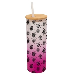Elanze Designs Falling Snow Winter Scene Wrap-Around Design 25 Ounce Frosted Gradient Glass On-The-Go Coffee Travel Skinny Tumbler Mug Cup, Bamboo Lid - 1 of 1