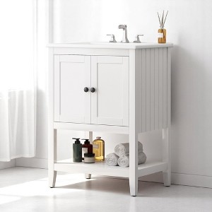 Mshliw 24" Bathroom Vanity with Ceramic Sink, Freestanding Cabinet with Open Shelf and Solid Wood Frame - 1 of 4