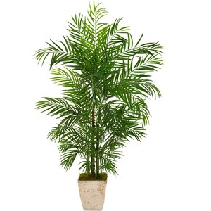 Nearly Natural 63-in Areca Artificial Palm Tree in Country White Planter UV Resistant (Indoor/Outdoor) - 1 of 2