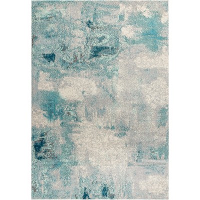 Cream and Blue Abstract Flat Woven Synthetic Area Rug