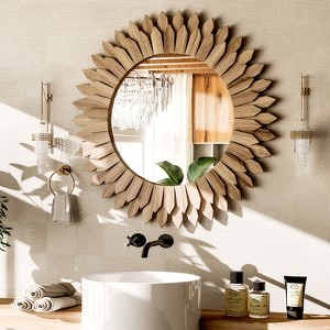 BEAUTYPEAK 20" Round Sunflower Wall Mirror, Boho Decorative Wood Frame, Vanity or Bathroom Wall Mirror for Living Room, Entryway, Bedroom - 1 of 4