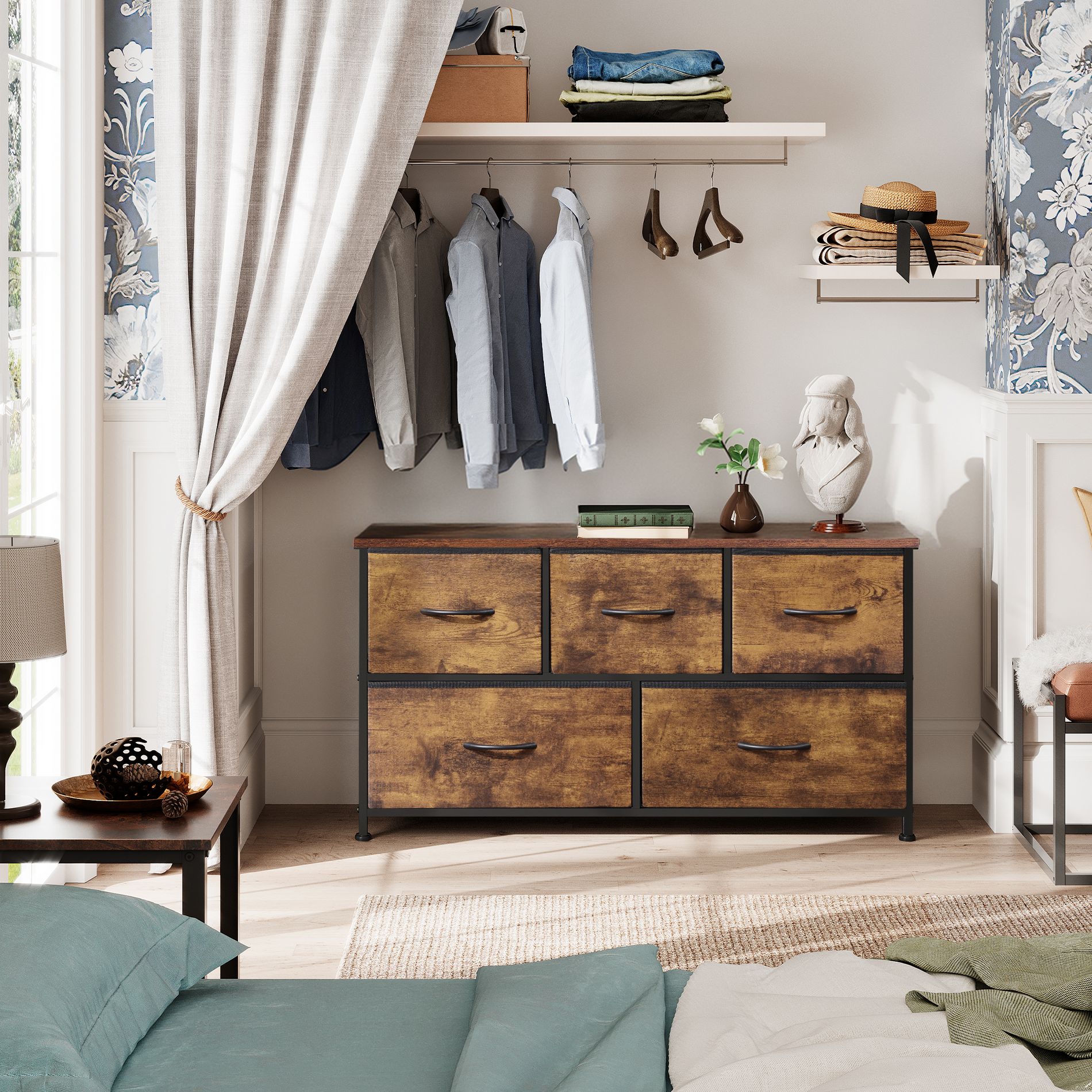 DEXYLLO Fabric Dresser for Bedroom, Wide 5-Drawer Chest of Drawers with Storage Organizer Unit, Rustic Brown Wood Grain Print