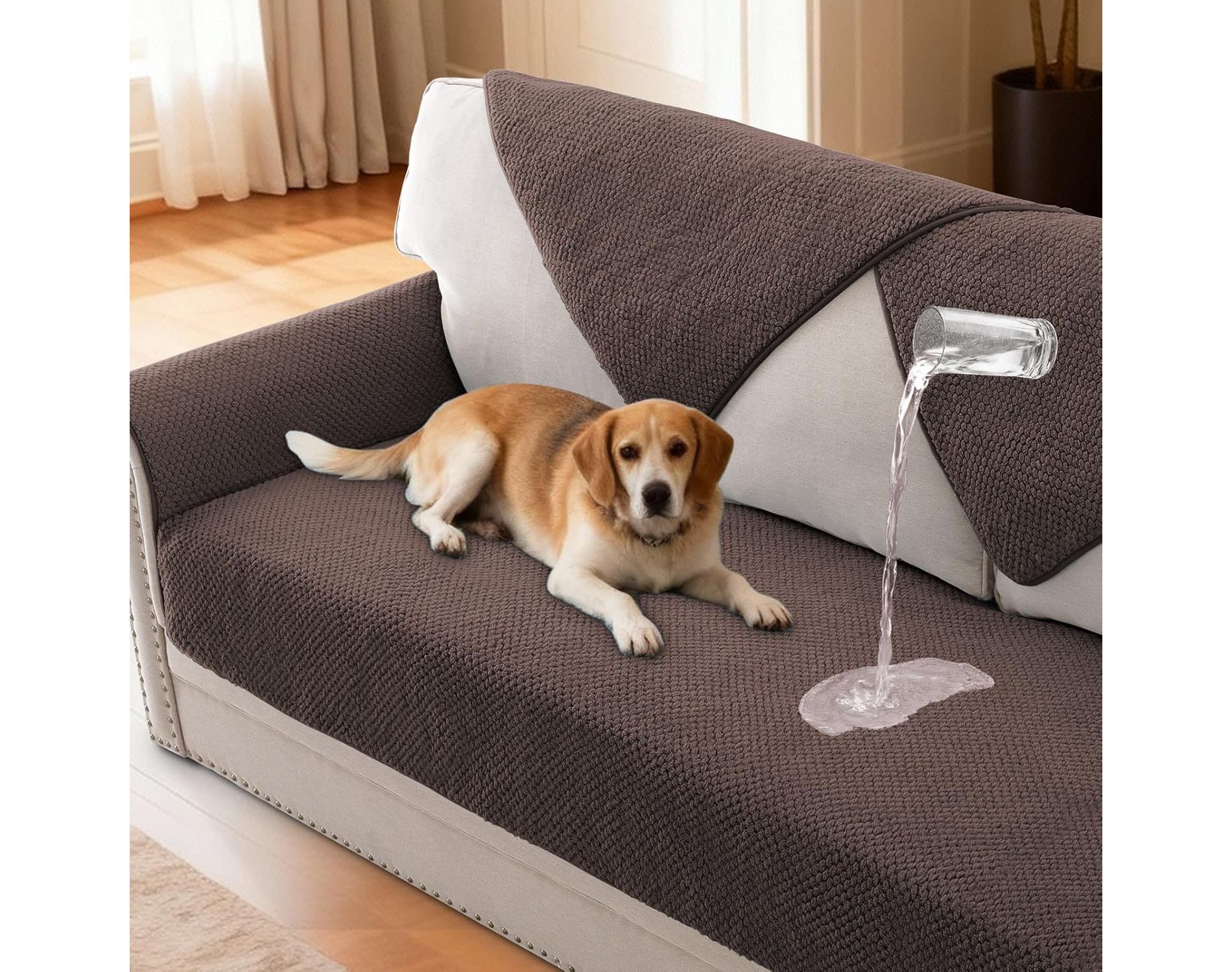H.Versailtex 1 Piece Waterproof Plush Sofa Cover with Strap Soft Anti Slip Sofa Slipcover for Dogs Cats BROWN 28"x28"