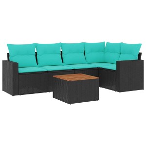 vidaXL 6 Piece Patio Sofa Set with Cushions Black Poly Rattan - Black Corner + Table + 2x Middle - 1 of 4