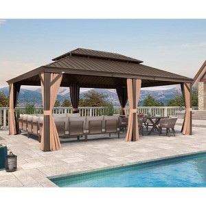 PURPLE LEAF Garden Bronze Double Roof Aluminum Frame Pavilion And Khaki Curtain  Outdoor Hardtop Gazebo - 1 of 4