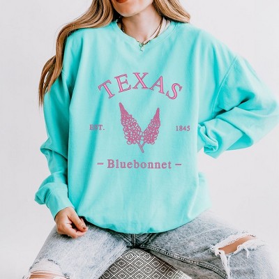 Simply Sage Market Women's Lightweight Garment Dyed Graphic Sweatshirt Embroidered Texas Bluebonnet Flower