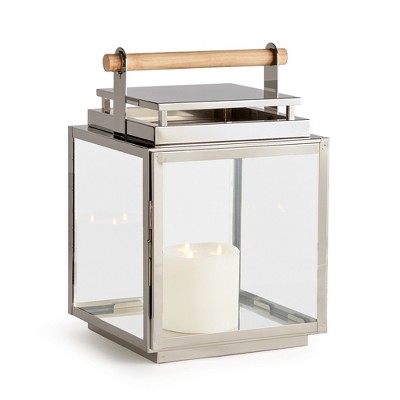 Plum & Post 14" x 21" Adwin Large Decorative Stainless Steel Chrome Finish Indoor/Outdoor Wide Glass Panes Lantern w/ Teak Handle