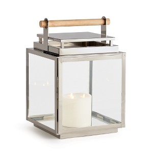 Plum & Post 14" x 21" Adwin Large Decorative Stainless Steel Chrome Finish Indoor/Outdoor Wide Glass Panes Lantern w/ Teak Handle - 1 of 4