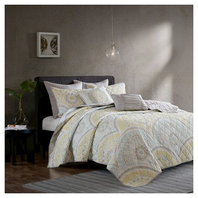 Yellow Leyla 100% Cotton Printed Coverlet Set (King/ CA King) 7pcs