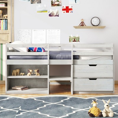 Whisen Modern Design Twin Size Loft Bed with Two Shelves and Two Drawers