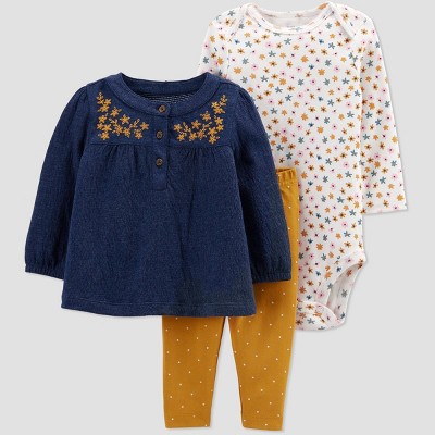 Image of Carter's Just One You® Baby Girls' 3pc Floral Top & Bottom Set - Navy Blue/Gold Newborn