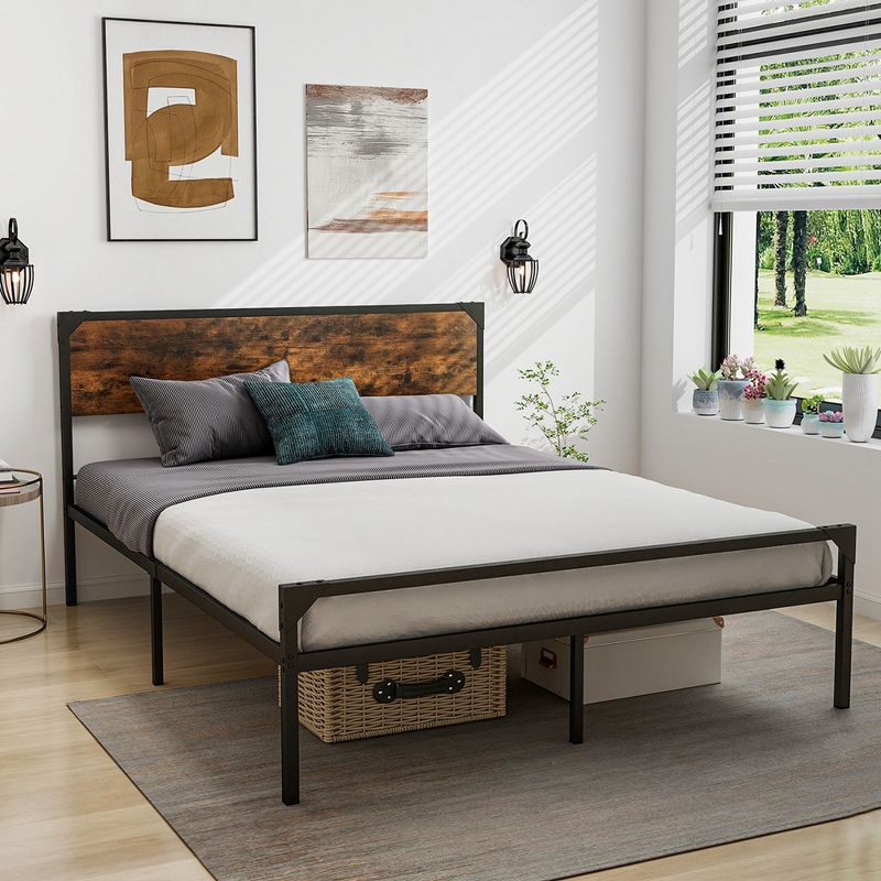 Costway Platform Full/Queen Bed with Rustic Headboard & Footboard Strong Metal Slat Support, 5 of 11