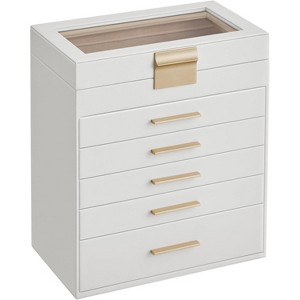 Glass Lid Jewelry Box 3 Layers 2 Drawers Modern White and Gold Finish Storage Organizer Display Case - 1 of 4