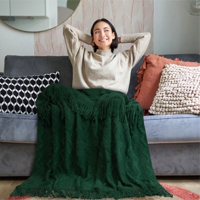 Emerald Green Twin Knitted Fleece Throw Blanket with Fringe