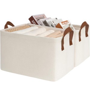 Aoibox Storage Baskets for Shelves Closet Organizer Beige Foldable Decorative Large Bins with Leather Handles 2 Pack - 1 of 4