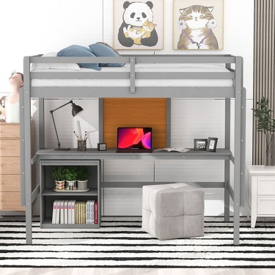 NicBex Twin Size Bunk Bed with Desk Loft Bed Pine Frame Bed Frame with Writing Board, Lockers, Guardrails and Ladder, No Box Spring Required
