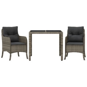 vidaXL 3 Piece Patio Dining Set - Poly Rattan, Cushions, Tempered Glass Tabletop, Gray, Outdoor/Garden Furniture - 1 of 4