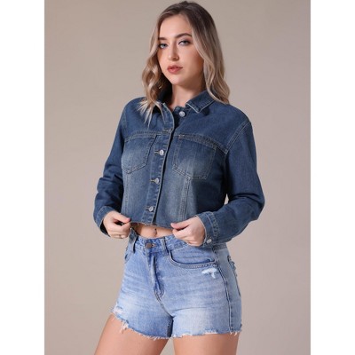 INSPIRE CHIC Women's Long Sleeve Button Down Turndown Collar Frayed Hem Trendy Cropped Washed Denim Jacket Light Blue Medium — фото 2
