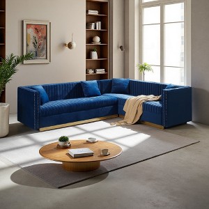 100.8" Velvet L-Shaped Sectional Sofa with Channel Tufting, Gold Base & 4 Pillows - 1 of 4