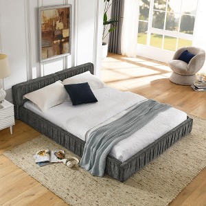 KWPZQEB Queen Size Bed Frame, Upholstered Platform Bed with Chenille Headboard and Pleated Design, Wooden Slats Support, No Box Spring Needed - 1 of 4