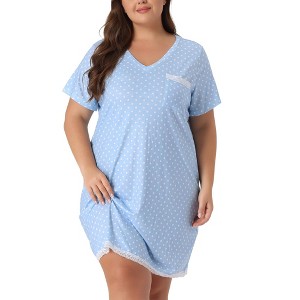 Women's Plus Size Pajamas Polka Dots  Lace Trim V Neck Short Sleeve Lounge Midi Nightgowns with Pocket - Agnes Orinda - 1 of 4